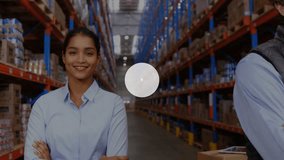 Warehouse employees standing aisle with user icons emerging around torsos illustrating network web. Technology, connectivity, collaboration, logistics, industrial, professional, digital - Powered by Shutterstock - Get 15% off with code: PIKWIZARD15