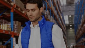 Warehouse associate entering aisle scanning shelves activating nodes around him for stock tracking. Industrial, logistics, technology, connectivity, automation, warehousing, data - Powered by Shutterstock - Get 15% off with code: PIKWIZARD15