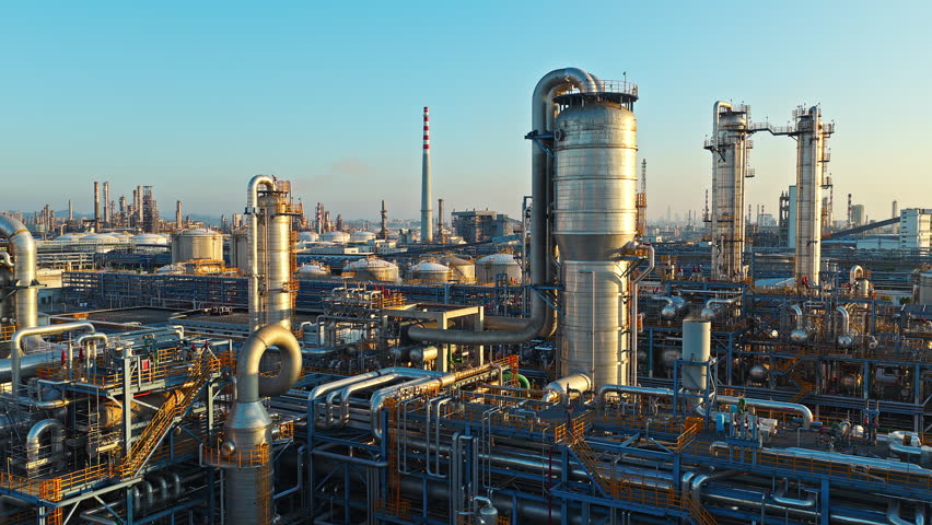 Aerial shot of an oil refinery and chemical plant with pipelines equipment in a large industrial area at sunrise