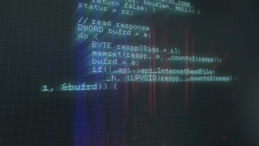 On launch C++ code reading web response starting scroll revealing definitions on glitching grid. Programming, software development, cybersecurity, digital interface, technical, innovation, code
