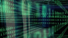 At start binary code streams flowing down server corridor toward viewer, visualizing data flow. Technology, cybersecurity, data, innovation, digital, network, futuristic - Powered by Shutterstock - Get 15% off with code: PIKWIZARD15