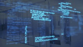 Data center corridor starting floating code appearing scrolling through buffers showing routines. Technology, cybersecurity, digital, innovation, programming, network, infrastructure - Powered by Shutterstock - Get 15% off with code: PIKWIZARD15