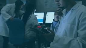 Lab technician tapping touchscreen and swiping data while digital overlay receding in lab research. Scientist, technology, innovation, collaboration, diagnostic, analysis, futurism - Powered by Shutterstock - Get 15% off with code: PIKWIZARD15