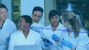 Scientists gathering at lab observing 3D bar chart emerging and arrow sweeping while mixing sample. Research, innovation, data, analytics, collaboration, modern, technology - Powered by Shutterstock - Get 15% off with code: PIKWIZARD15