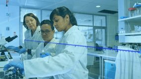 Lead researcher gesturing toward samples causing chart while lab team pipetting and analyzing data. Scientists, collaboration, innovation, laboratory, digital, analysis, technology - Powered by Shutterstock - Get 15% off with code: PIKWIZARD15