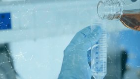 lab technician pouring amber liquid into cylinder causing PC laptop phone icons emerging on mesh. Science, innovation, connectivity, technology, precision, experimentation, data - Powered by Shutterstock - Get 15% off with code: PIKWIZARD15