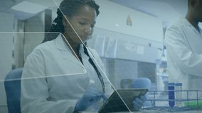 Female scientist tapping tablet screen among test tubes, activating AR HUD for real-time analytics. Technology, innovation, research, futuristic, data, analytics, science - Powered by Shutterstock - Get 15% off with code: PIKWIZARD15