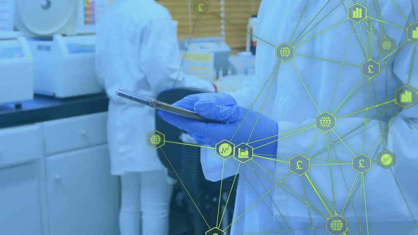 Lab scientist tapping tablet and revealing animated network overlay for examining experimental data. Science, technology, innovation, digital, collaboration, research, futuristic - Powered by Shutterstock - Get 15% off with code: PIKWIZARD15