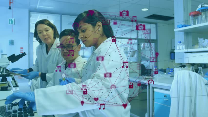 Group of scientists drawing liquid sample and initiating animated reaction graphs for lab research. Scientists, laboratory, research, collaboration, innovation, experimentation, diagnostics - Powered by Shutterstock - Get 15% off with code: PIKWIZARD15