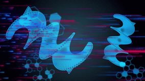 Opening on dark grid with pulsing waveform and hexagon outlines blue ribbons glitching, code fading. Technology, digital, futurism, motion, innovation, data, abstraction - Powered by Shutterstock - Get 15% off with code: PIKWIZARD15