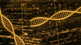 Upon emerging golden DNA helix undulating and drifting across grid, visualizing numeric data flow. Biotechnology, data visualization, futuristic, innovation, digital, analytics, technology - Powered by Shutterstock - Get 15% off with code: PIKWIZARD15