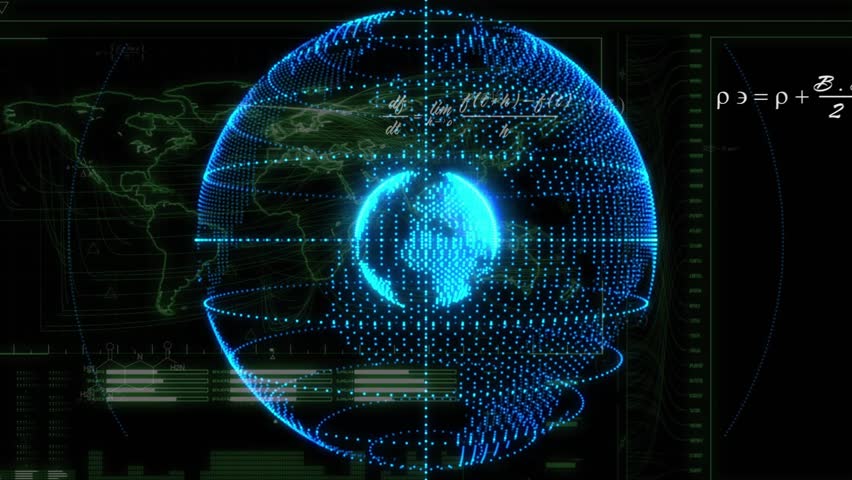 On start glowing cyan sphere appearing, rings rotating, formulas drifting to illustrate Earth scan. Futuristic, data visualization, holography, science, technology, digital interface, innovation