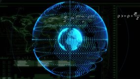 On start glowing cyan sphere appearing, rings rotating, formulas drifting to illustrate Earth scan. Futuristic, data visualization, holography, science, technology, digital interface, innovation - Powered by Shutterstock - Get 15% off with code: PIKWIZARD15