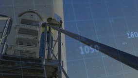 Technician on tower opening laptop, reading wind turbine metrics for monitoring with pulsing graphs. Industrial, technology, analytics, renewable, maintenance, engineering, data visualization - Powered by Shutterstock - Get 15% off with code: PIKWIZARD15