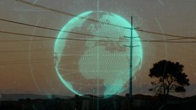 Dusk view with tree and pole, globe appearing code streaming and towers emerging showing data link. Technology, data, network, innovation, connectivity, futurism, digital - Powered by Shutterstock - Get 15% off with code: PIKWIZARD15