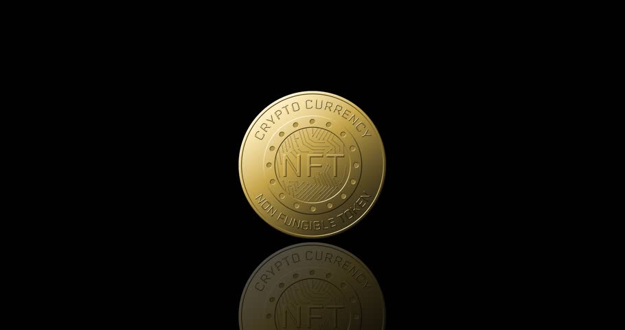 Floating gold NFT coin rotating on vertical axis while neon bars pulsing and floor reflecting spin. Digital, futuristic, sleek, abstract, innovation, technology, luxury