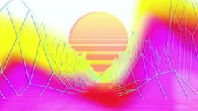 Grid starting flythrough moving forward in retro canyon pulsing neon ridges growing sun for journey. Futuristic, digital, neon, abstract, landscape, immersive, sci-fi - Powered by Shutterstock - Get 15% off with code: PIKWIZARD15
