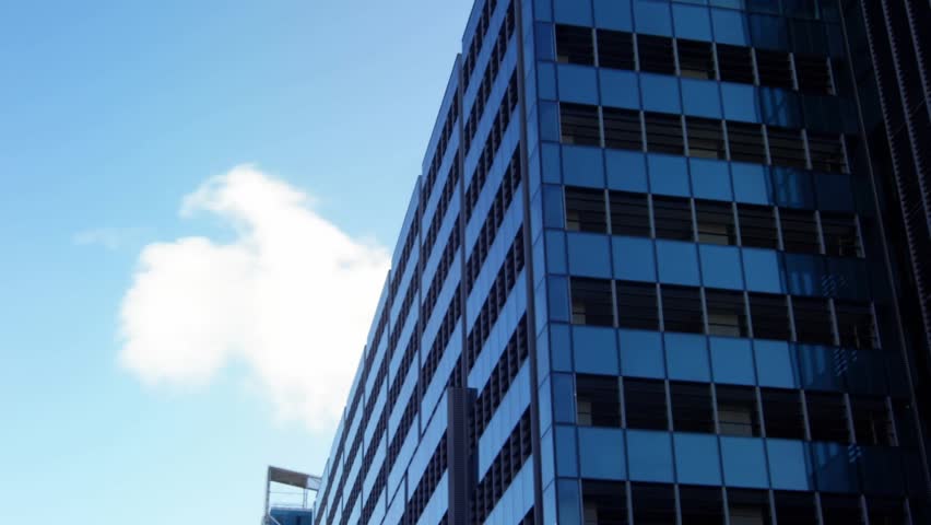 Particles drifting by glass tower initiating glowing HUD arcs linking user nodes network overlay. Technology, connectivity, innovation, cyberspace, modernity, digital, futuristic