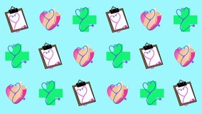Seamless pattern of medical cross check, stethoscope heart, and health checkup icons in a tile background animation. Repeating wallpaper with healthcare, wellness, and first aid symbols. - Powered by Shutterstock - Get 15% off with code: PIKWIZARD15