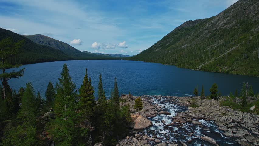 Aerial summer Landscape beautiful Multinskoye lake in mountains Altai, top view.