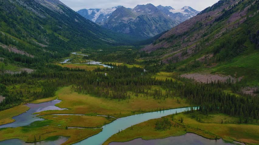 Aerial view ice blue river meander in green forest vegetation of delta from mountain Altai. Beautiful Landscape Multinskoye lake..