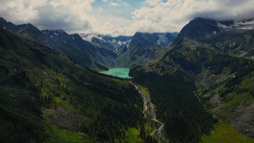 Aerial view Summer Landscape mountains Altai beautiful nature reserve with Upper Multinskoye lake.