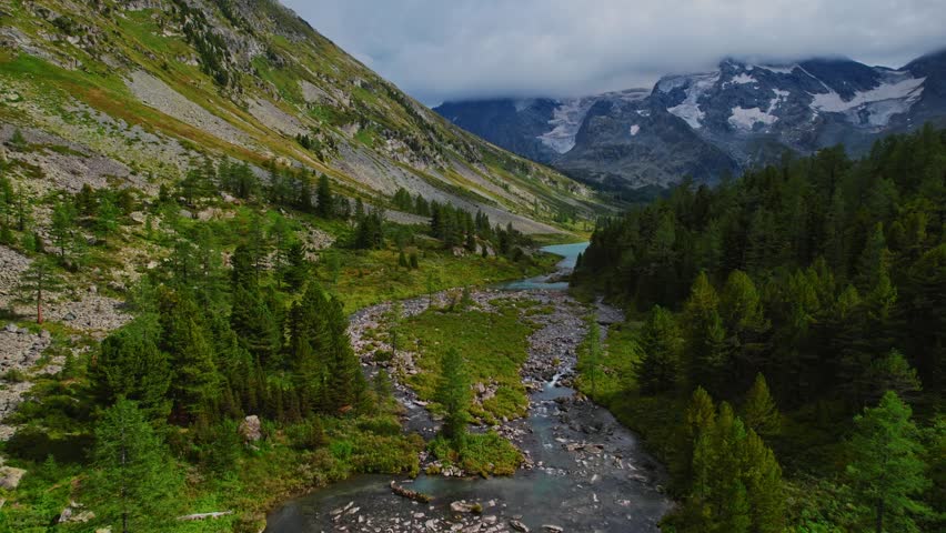 Aerial Altai nature reserve Landscape with high mountain lake with clear blue water from glaciers Poperechnoye Multinskoye.