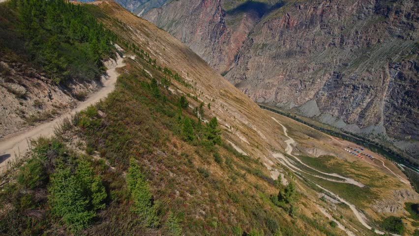 Aerial view dangerous road Katu Yaryk pass in Altai mountains, Chulyshman river gorge Russia.