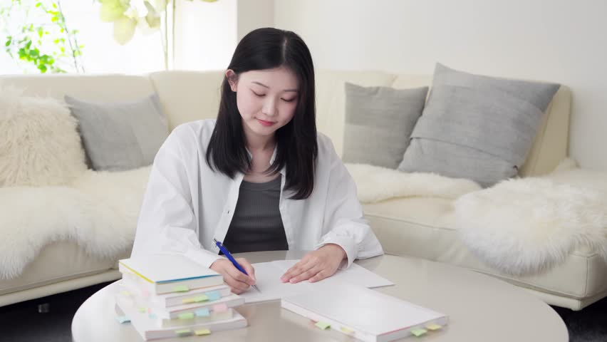 Asian woman studying with a reference book