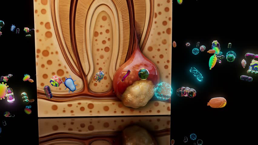 Conceptual 3D animation of a dental abscess and bacteria
