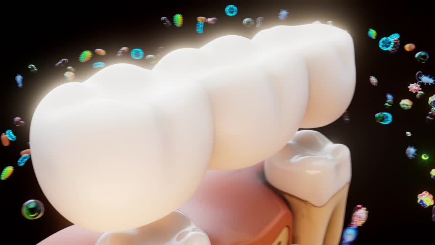 Conceptual 3D animation of a dental bridge and bacteria