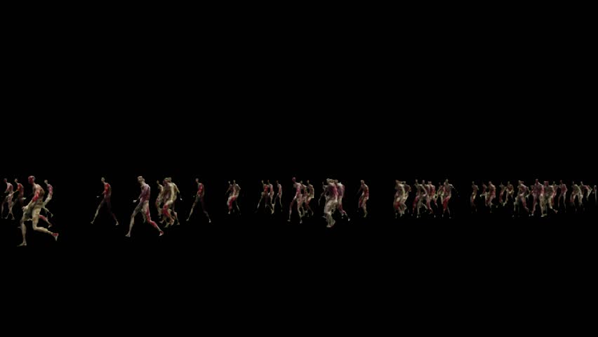 A wide shot of a slow-moving zombie horde walking menacingly through a dark, foggy environment. Perfect for horror trailers, Halloween promos, and undead apocalypse themes.