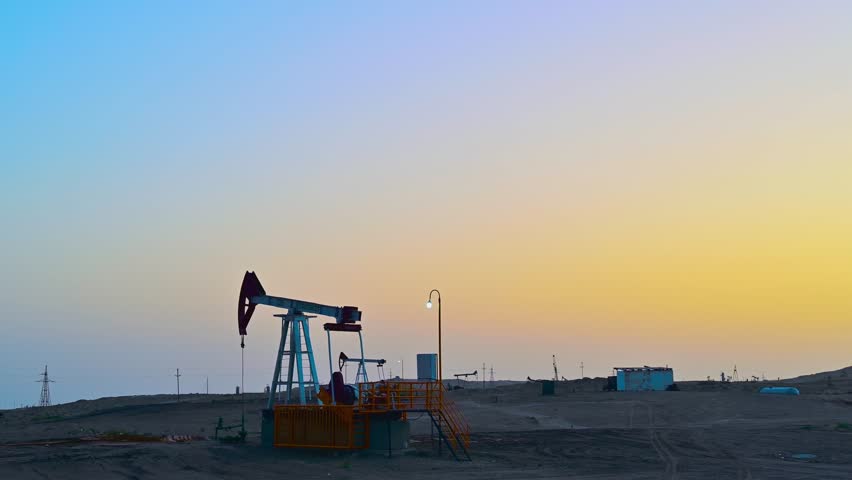 Oil well near the city of Balkanabat at sunset in Turkmenistan