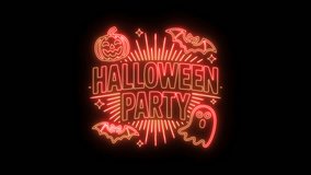 Red-orange neon “HALLOWEEN PARTY” sign animation, 4K glowing spooky theme with alpha transparency effect. - Powered by Shutterstock - Get 15% off with code: PIKWIZARD15