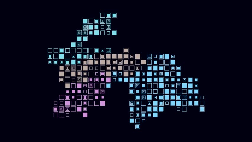 Tajikistan animated country shape. Pulsating colored dots on the map of the country. Large size square blocks. Digital style Tajikistan map on dark background. Awesome animation video.