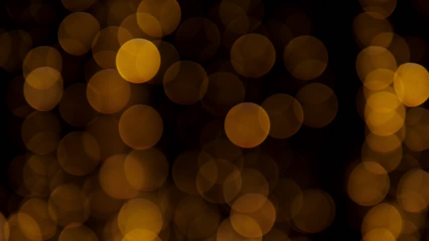 Golden blurred lights garlands on tree branches in the dark. The image of small twigs and golden circles of a Christmas garland. Bokeh.