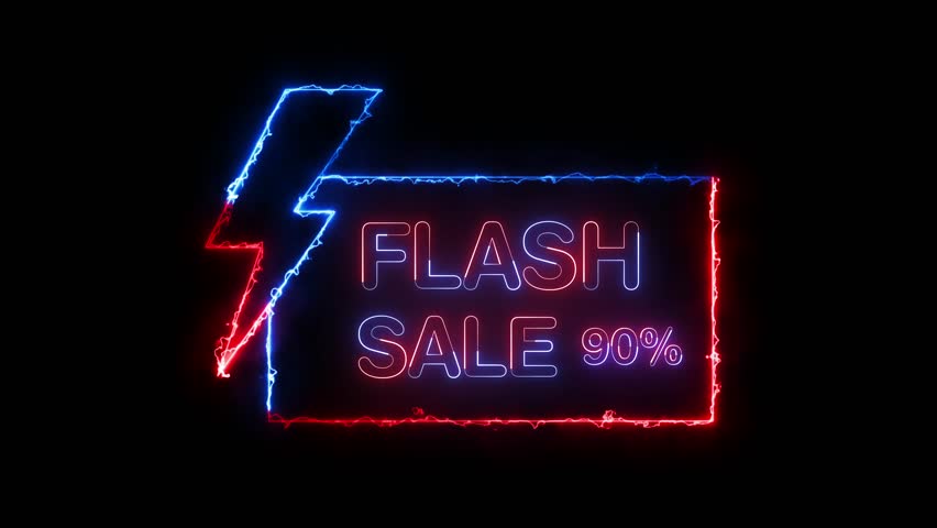 Glowing neon line flash sale, 90 percent discount offer with lightning bolt symbol video animation. With a black background Perfect for online promotions and marketing campaigns
