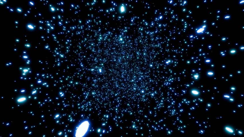 Parallax effect of glowing blue particles rotating seamlessly against a black background 3d render. Looping abstract rotating particle overlay for greetings, holidays, weddings, awards or Christmas