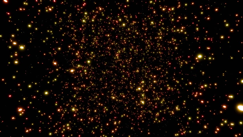 Parallax effect of glowing fiery particles rotating seamlessly against a black background 3d render. Looping abstract rotating particle overlay for greetings, holidays, weddings, awards, Christmas