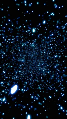 Vertical video parallax effect of glowing blue particles rotating seamlessly 3d render. Looping abstract rotating particle overlay for greetings, holidays, weddings, awards or Christmas