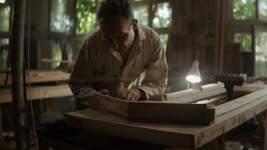 Grey haired man marks old wooden door details with pencil in woodwork shop. Senior carpenter restores antique furniture with manual tools in craft workshop - Powered by Shutterstock - Get 15% off with code: PIKWIZARD15
