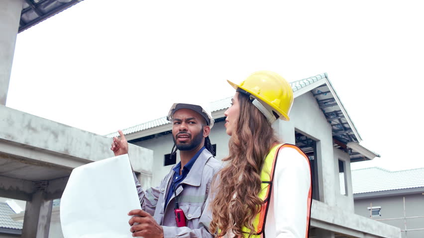 Hispanic man and Latin woman wearing safety helmets standing at construction site, checking blueprints and discussing project progress with confidence.