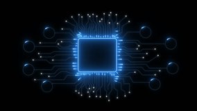 Glowing blue circuit board lines pulse with light connecting to a central processor. Circuit boards power digital innovation. AI and smart systems enhance data processing and communication. - Powered by Shutterstock - Get 15% off with code: PIKWIZARD15