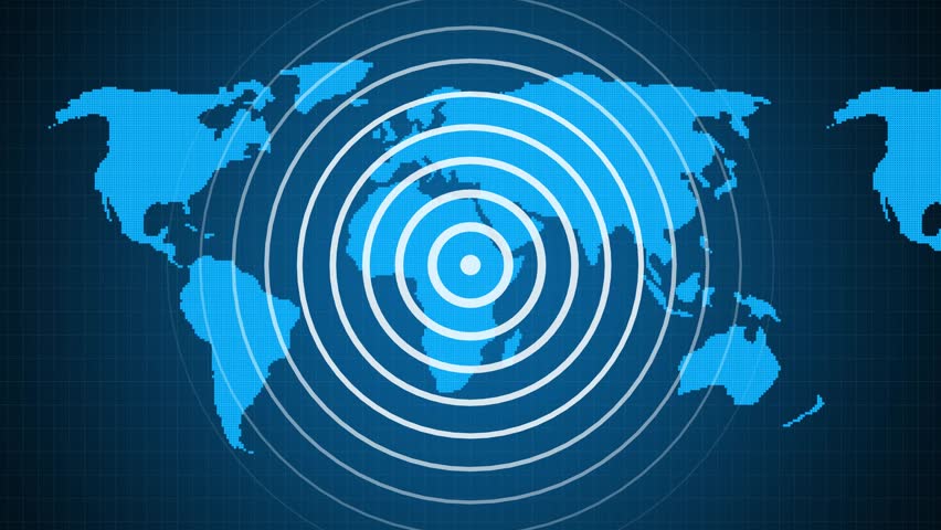 Global breaking news alert with world map and concentric circles indicating broadcast signals , Global world map with breaking news alert icon, Digital network and urgent communication system.