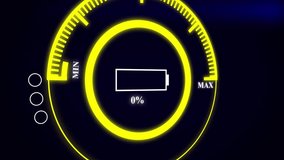 Futuristic digital battery indicator with glowing yellow neon circle and percentage display. Battery indicator shows low energy level. Digital interface reflects power status and warning. - Powered by Shutterstock - Get 15% off with code: PIKWIZARD15