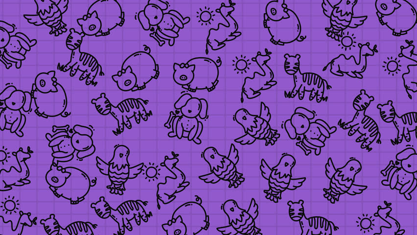 Doodle animal purple image with fun doodles dogs pigs tigers birds camels. Suitable for childrens books, cards, and stationery.