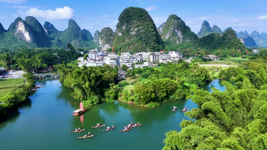 Aerial view of Yulong River with karst peaks near Yangshuo in the Guangxi Region, China