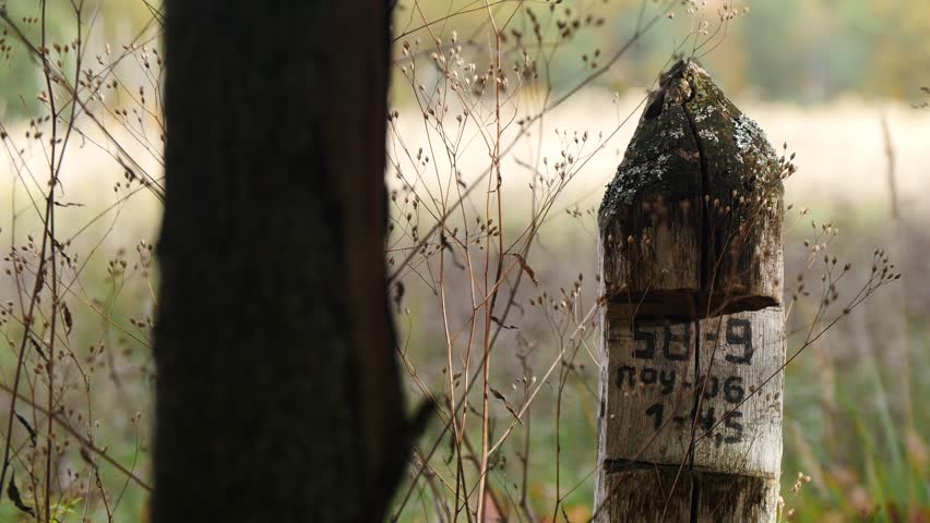 A construction pole used to mark out future construction. Sign, symbol, nature, vintage