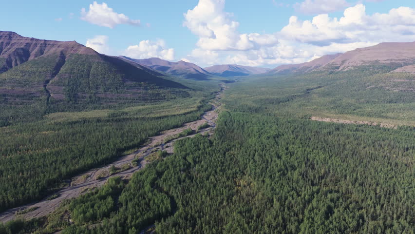 Late afternoon sunlight paints a vast taiga valley with a braided river channel pointing toward Lake Lama on the Putorana Plateau. Endless forest, open sky and clean water underline wilderness scale a