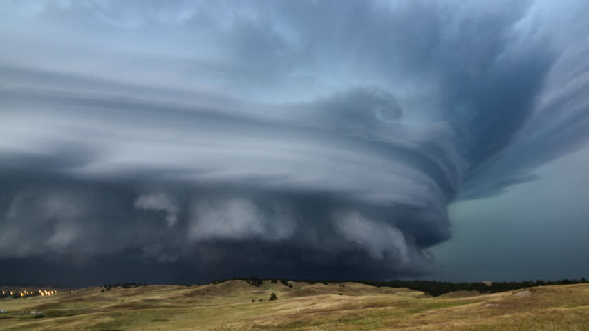 Epic Incredible Supercell Storm Front Rotating With Lightning At Dusk - real footage, long duration, cinematic 4K